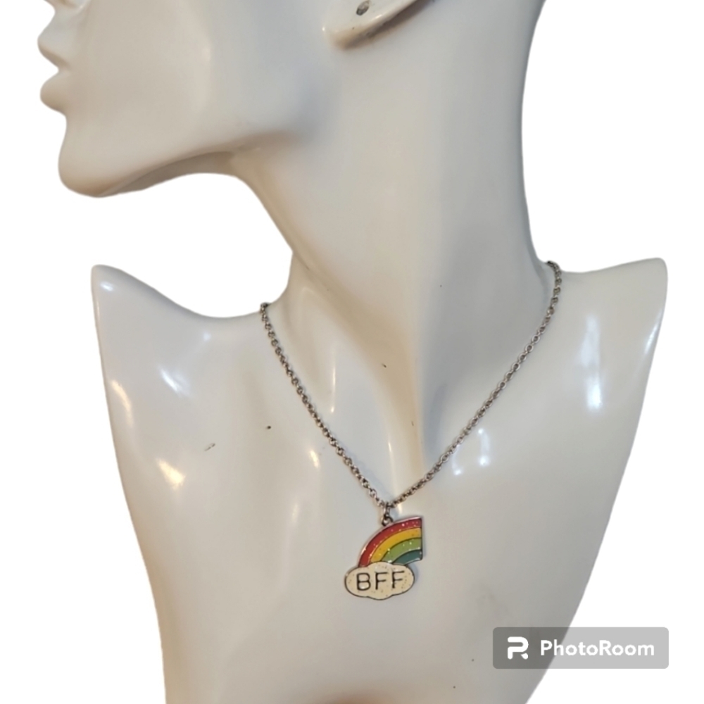 VTG Best Friends Forever Glitter Pastel Rainbow Pendant Chain Necklace